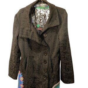 Desigual black textured "Happy" embroidered flowers floral circles jacket coat44